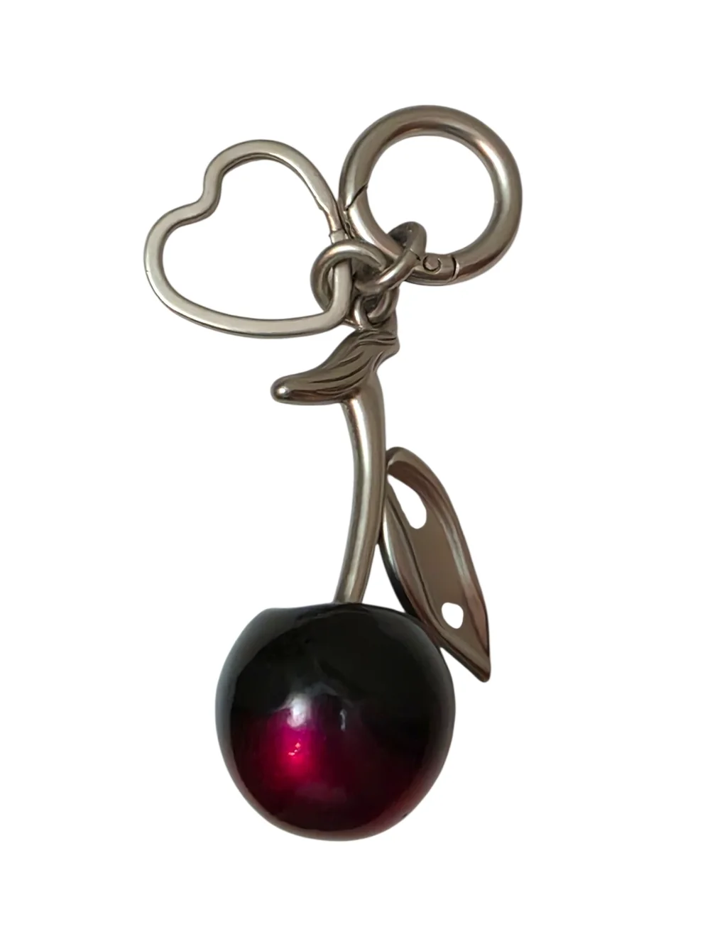 Cherry Keychain Charm in Metallic Silver and Deep Berry